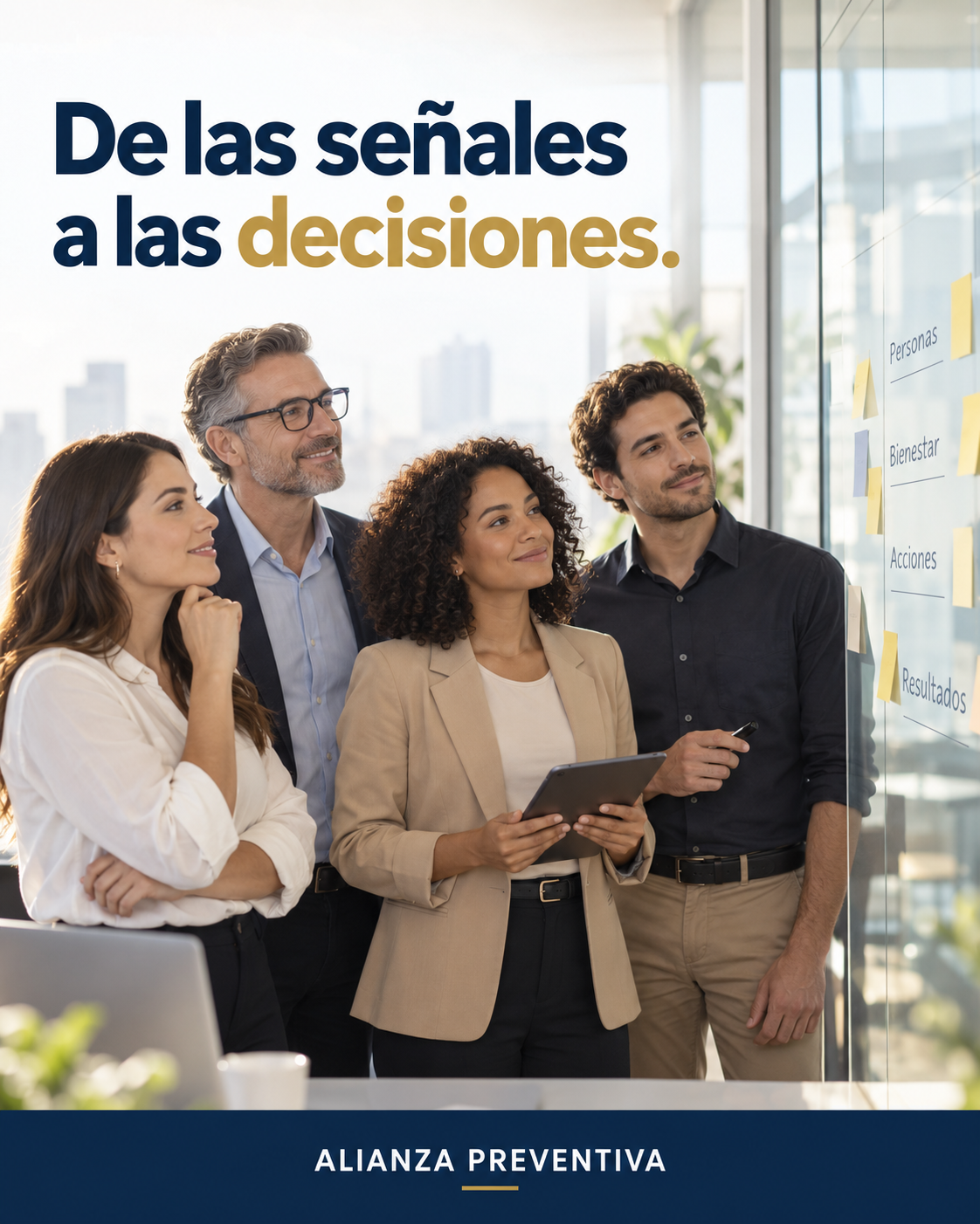 Equipo profesional diverso revisando conjuntamente un plan de acción.